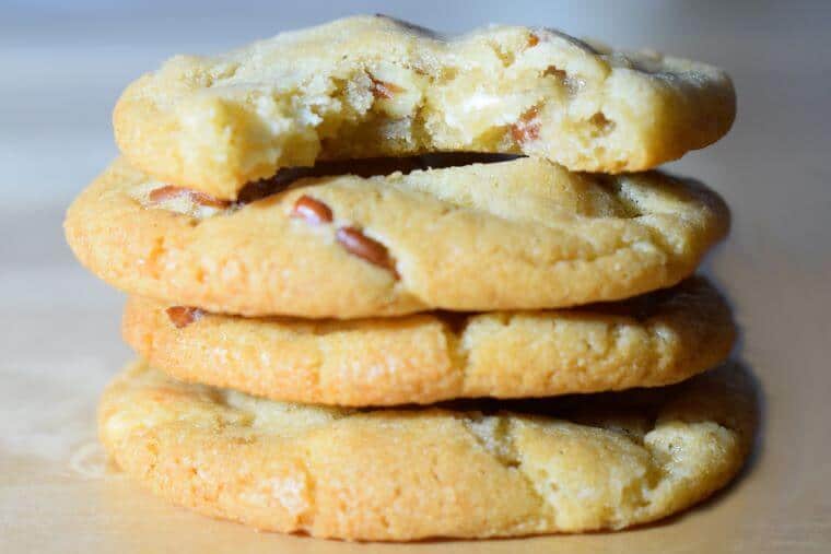 White chocolate pecan cookies close up stack