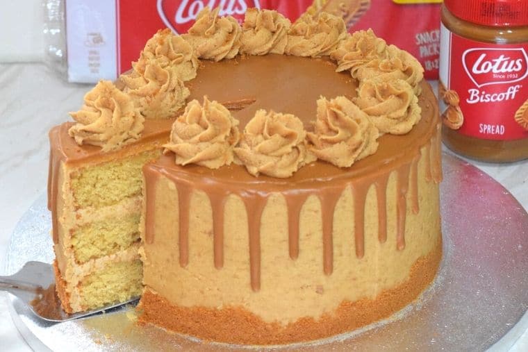 Lotus Biscoff Drip Cake with a slice partially taken out showing the three layers.