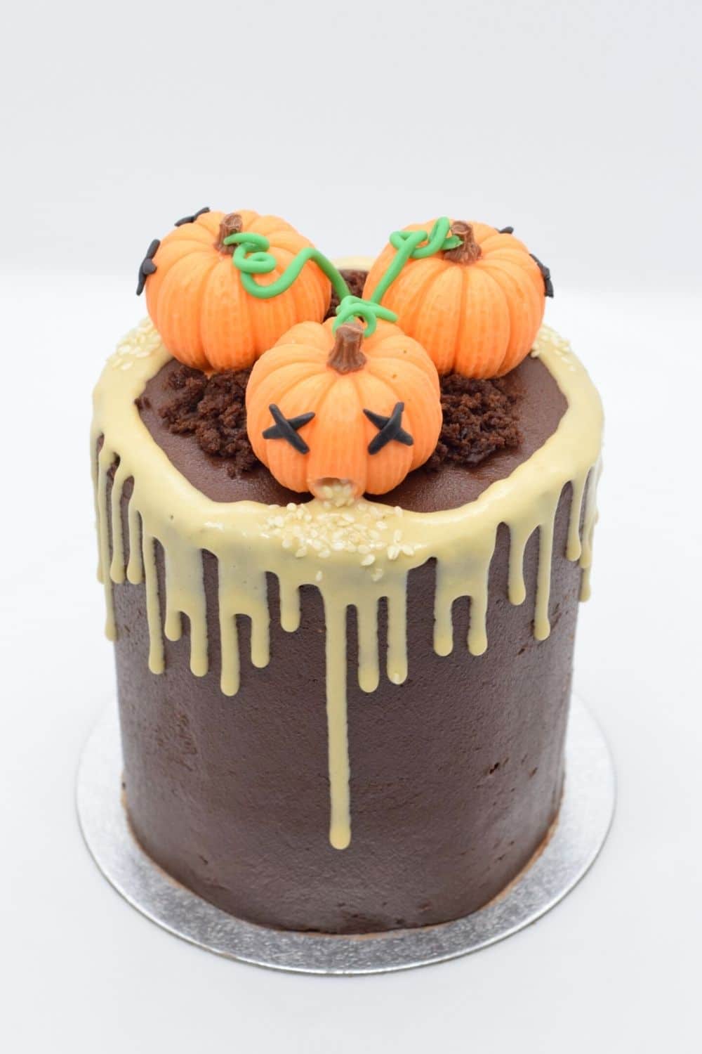 Poorly pumpkin patch cake - chocolate tahini ganache mini drip cake