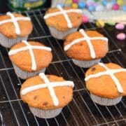 hot cross bun muffins with golden syrup glaze and icing cross