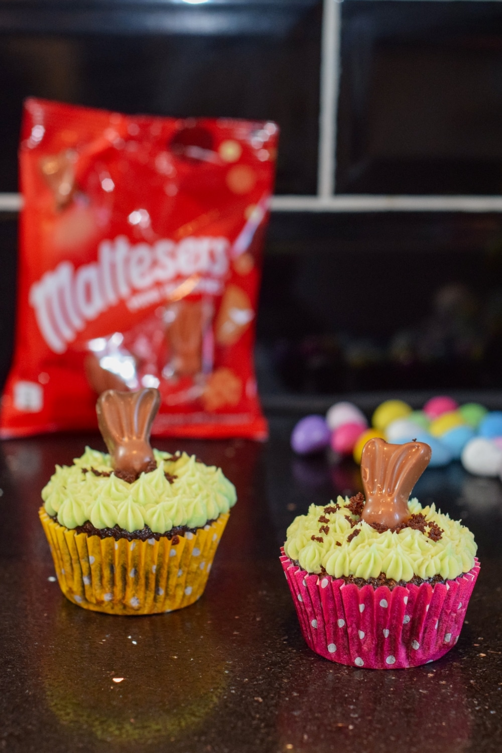 Easy Easter Malteser bunny chocolate malt cupcakes with vanilla malt buttercream