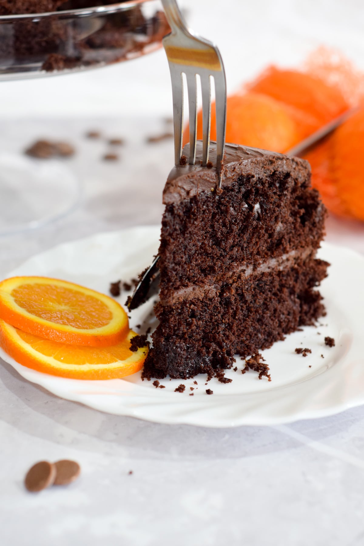 Chocolate orange cake slice with chocolate orange ganache
