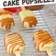 lotus biscoff cake popsicles with white chocolate shell and biscoff spread drizzle.
