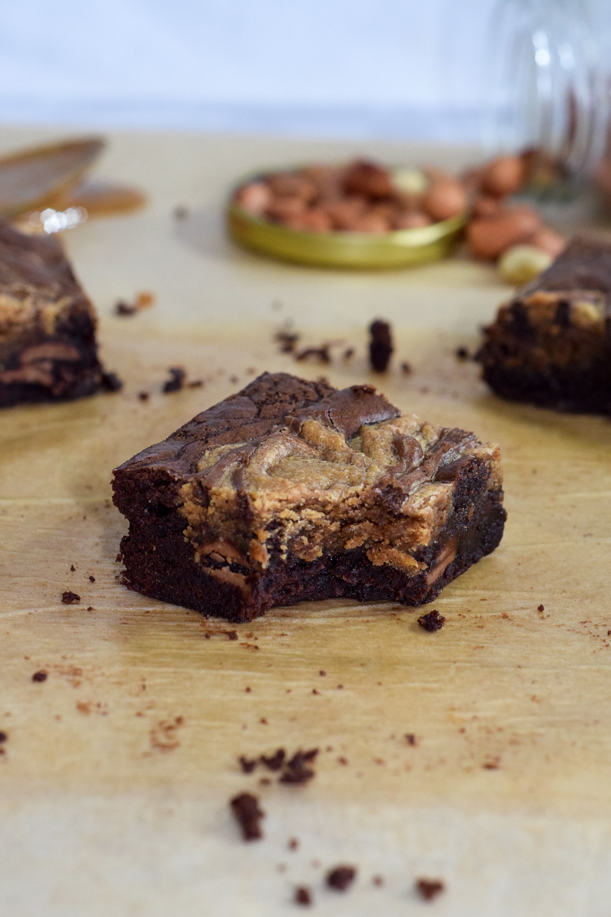 Soft chocolate peanut butter swirl brownies with a bite taken