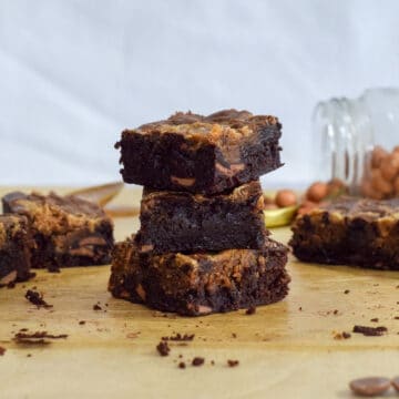 Fudgy chocolate peanut butter swirl brownies stacked