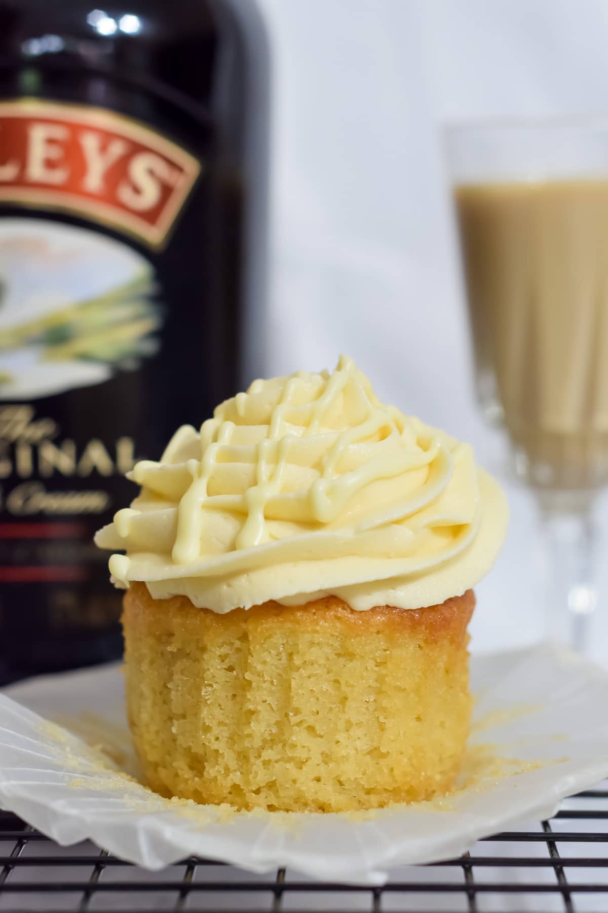 Bailey's Irish cream liqueur cupcake with Bailey's buttercream frosting close up