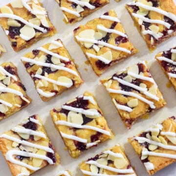 Double cherry Bakewell blondies squares recipe with glace cherries and cherry jam