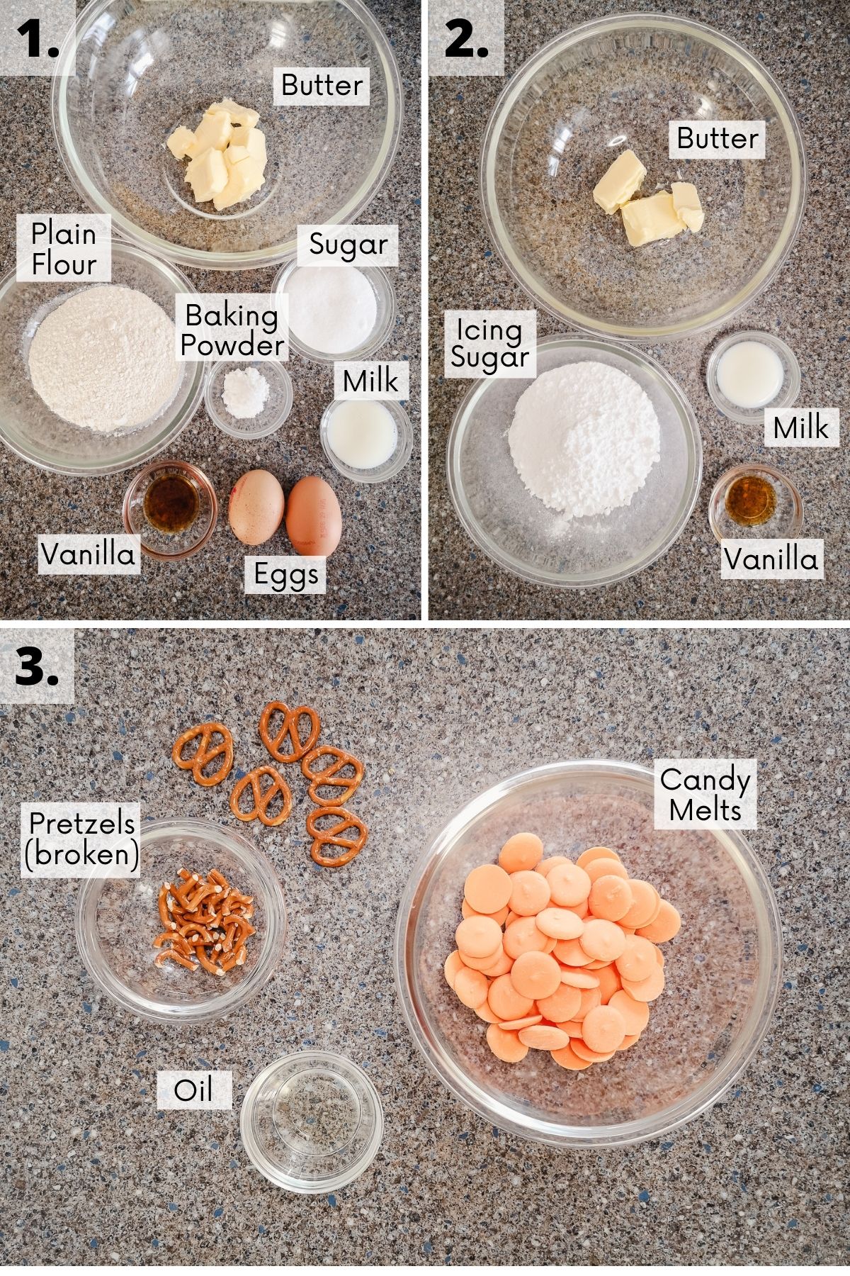 Ingredients in bowls to make pumpkin cake pops as cake ingredients, buttercream ingredients and assembly ingredients