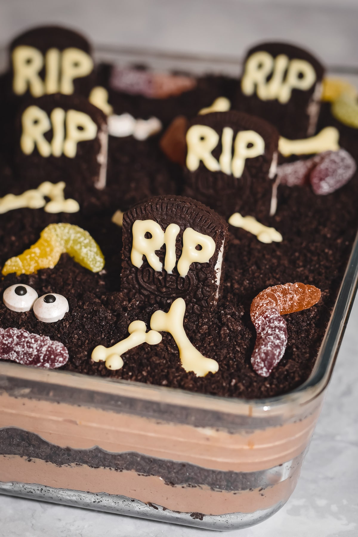 Halloween chocolate graveyard dirt cake close up
