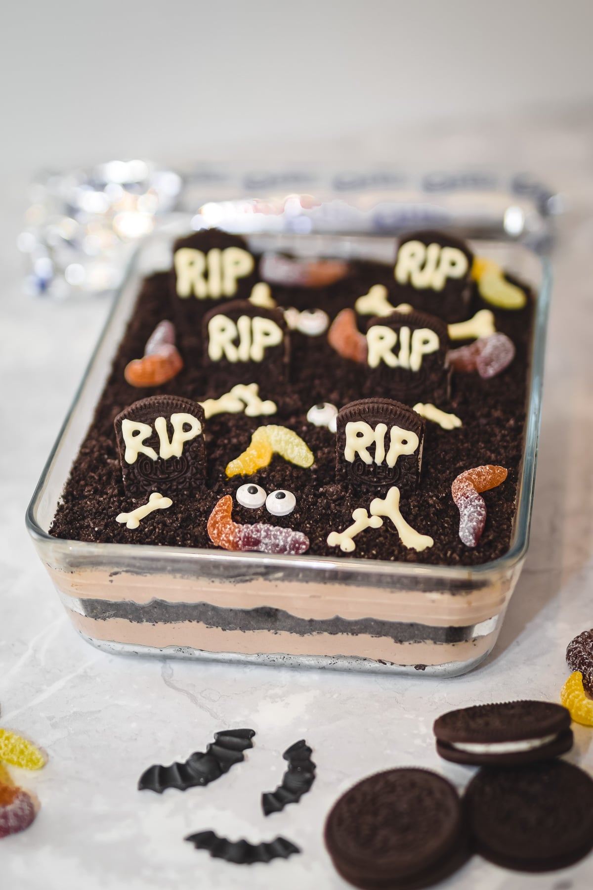 Halloween graveyard dirt cake with Oreos