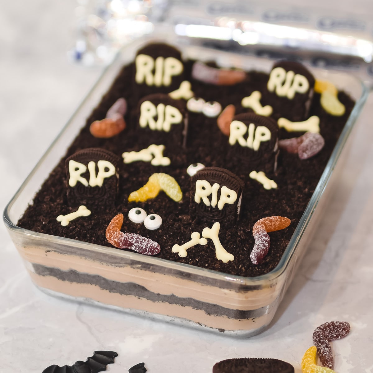 Halloween graveyard chocolate dirt cake