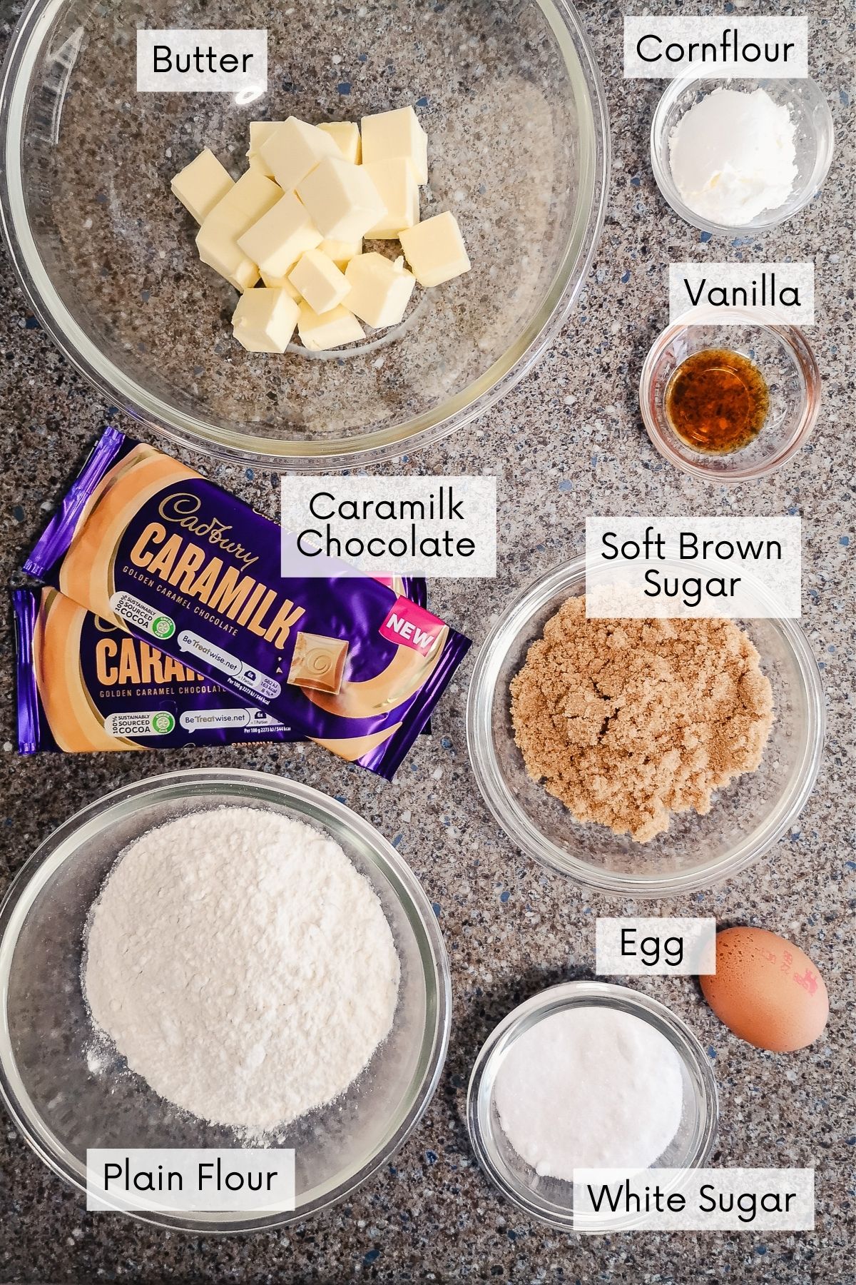 Caramilk blondie recipe ingredients with labels