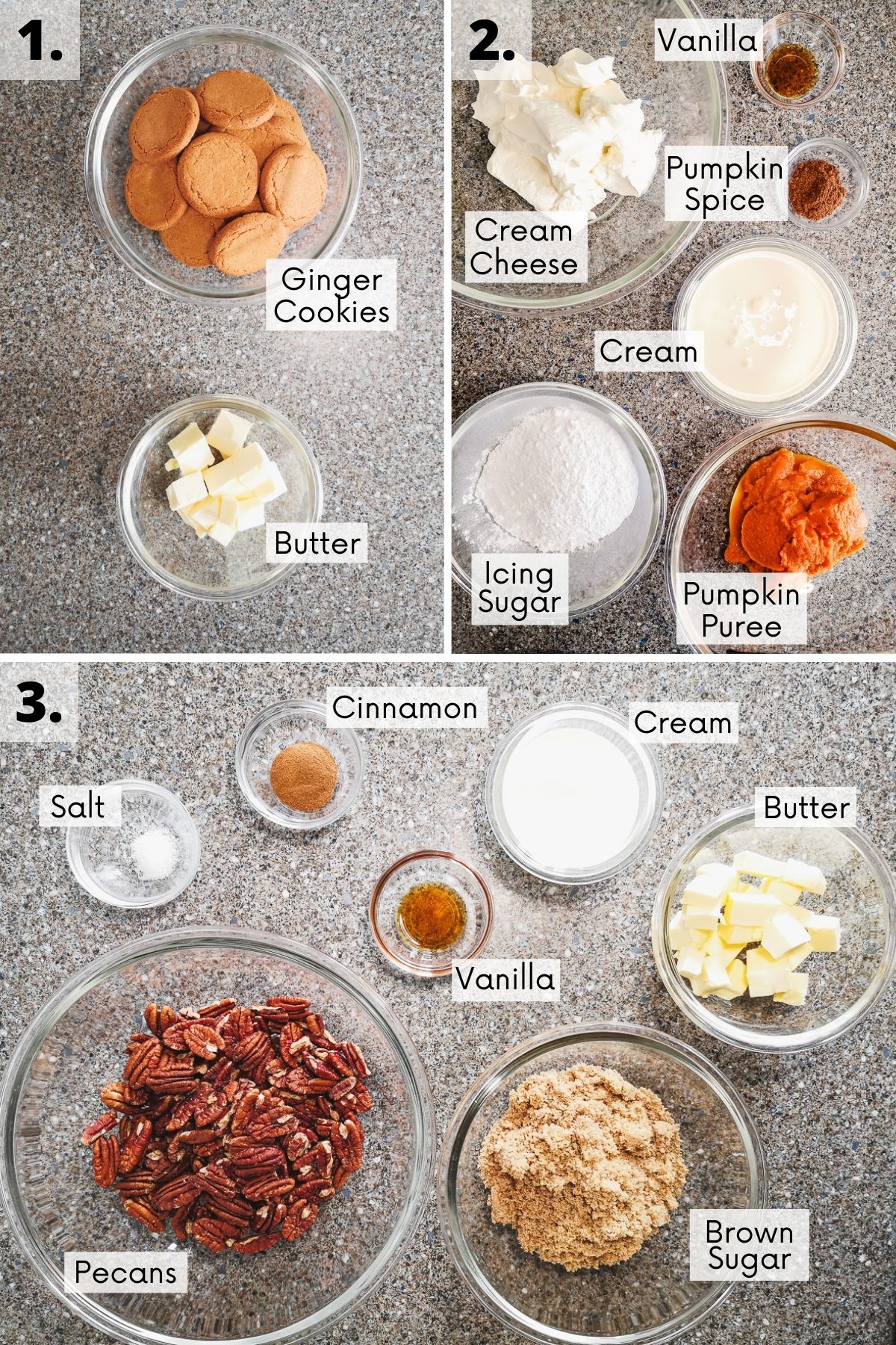 Pumpkin spice pecan pie cheesecake recipe ingredients with labels