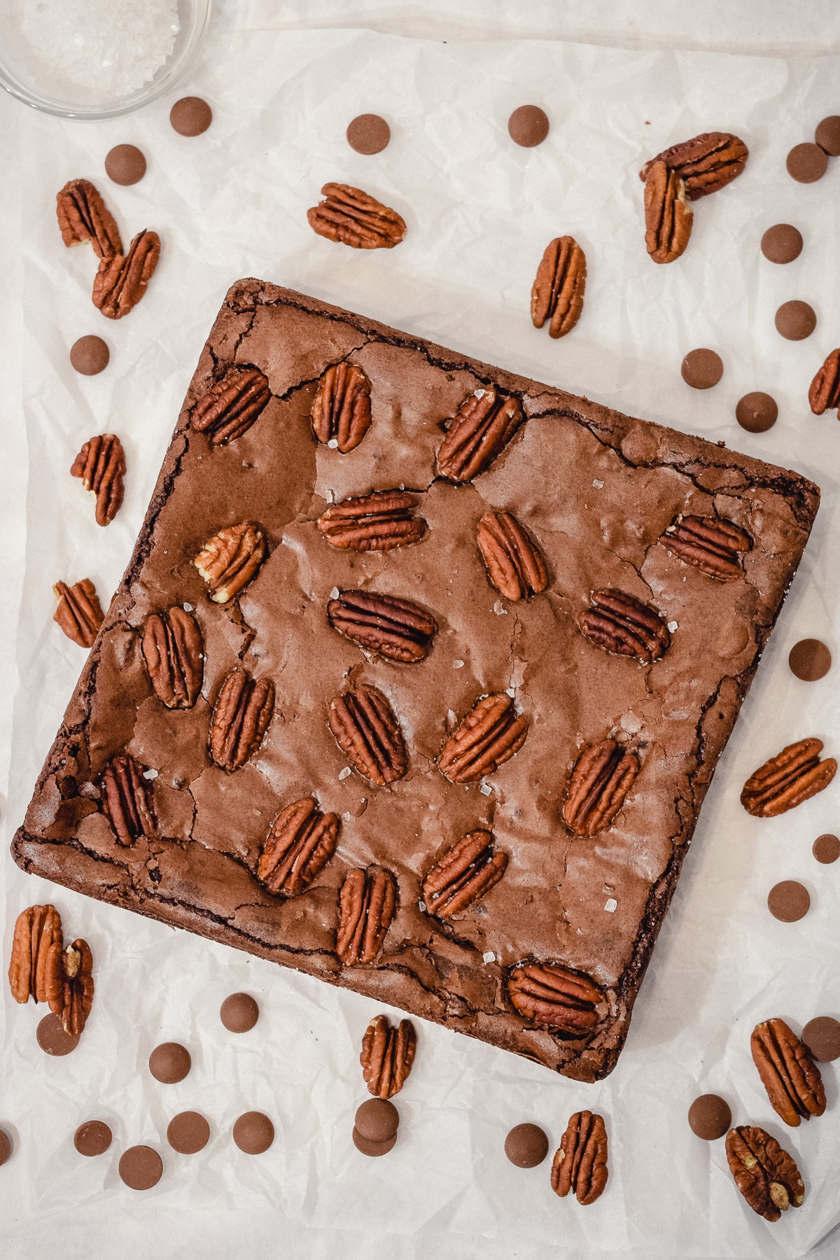 pecan brownies whole slab with chocolate chips, pecans and sea salt