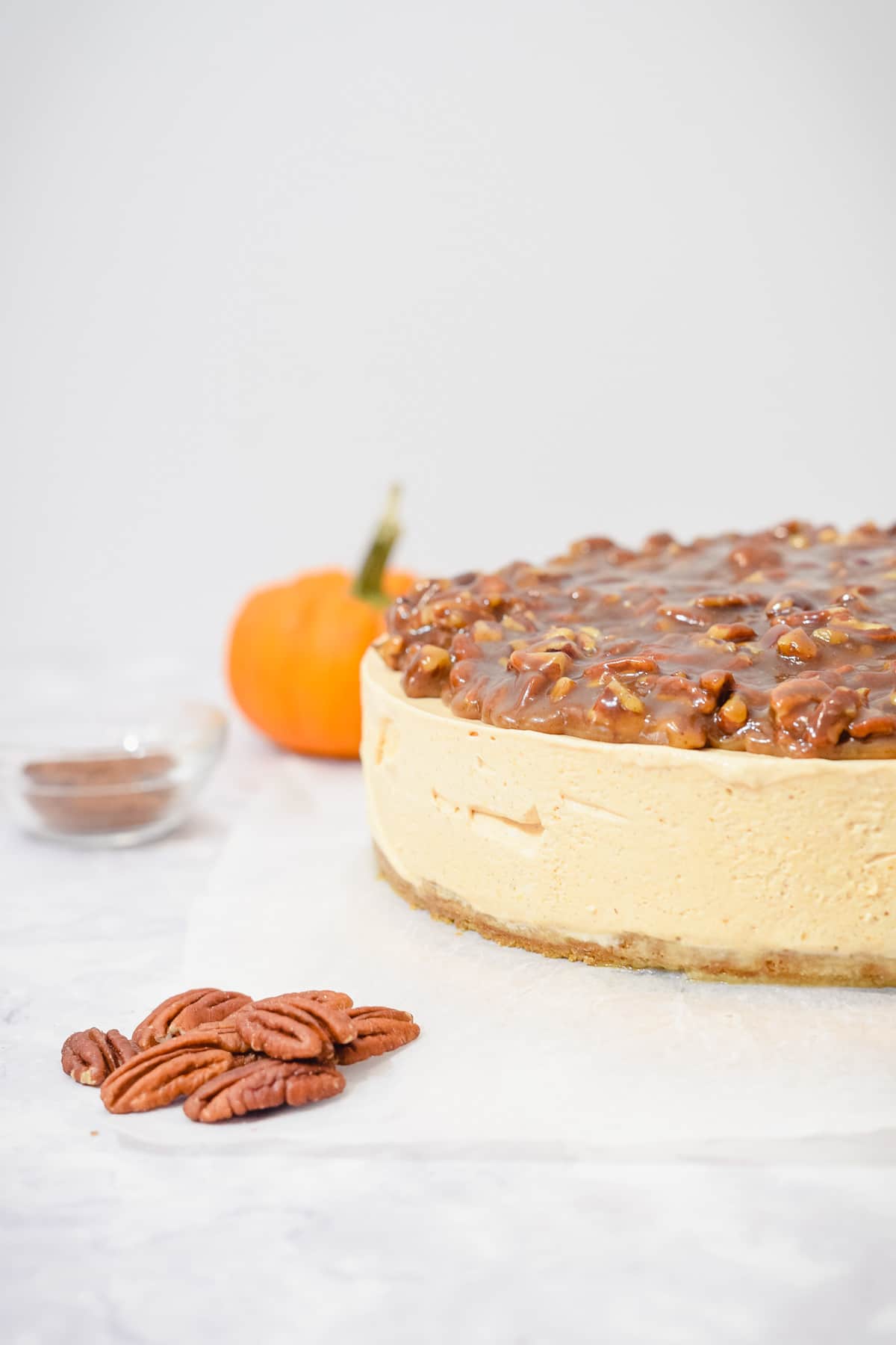 Pumpkin spice cheesecake with pecan praline topping side view with pecans in front and pumpkin behind