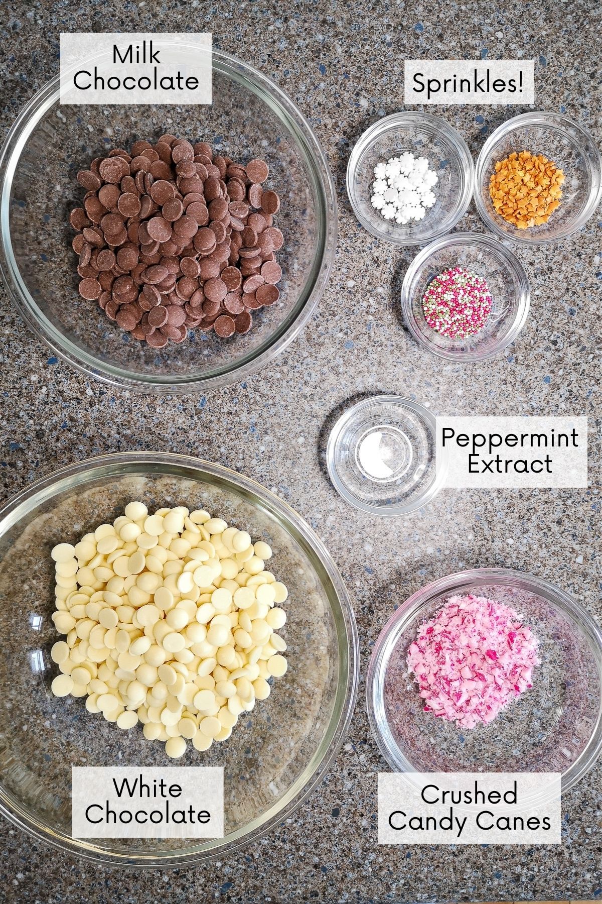 White chocolate peppermint Christmas bark ingredients in bowls