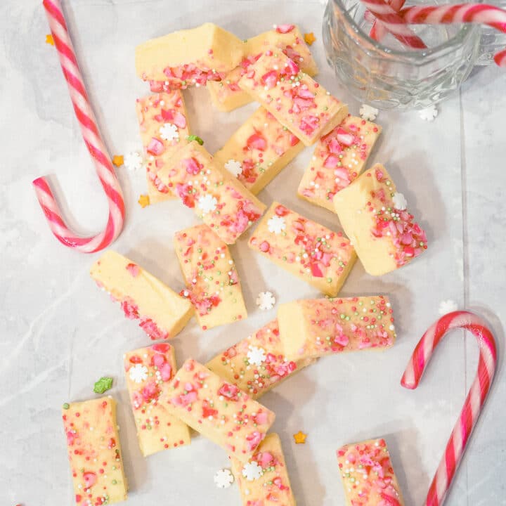 White Chocolate Peppermint Christmas fudge pieces with candy canes