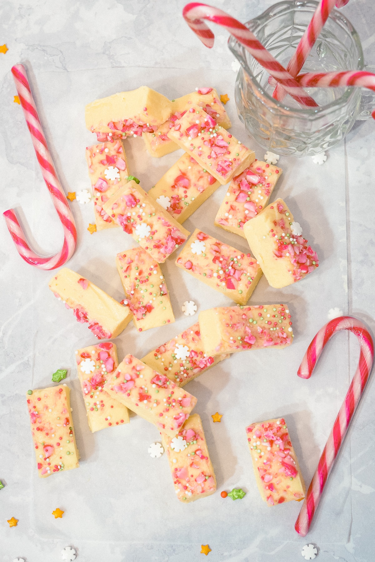 White Chocolate Peppermint Christmas fudge pieces with candy canes