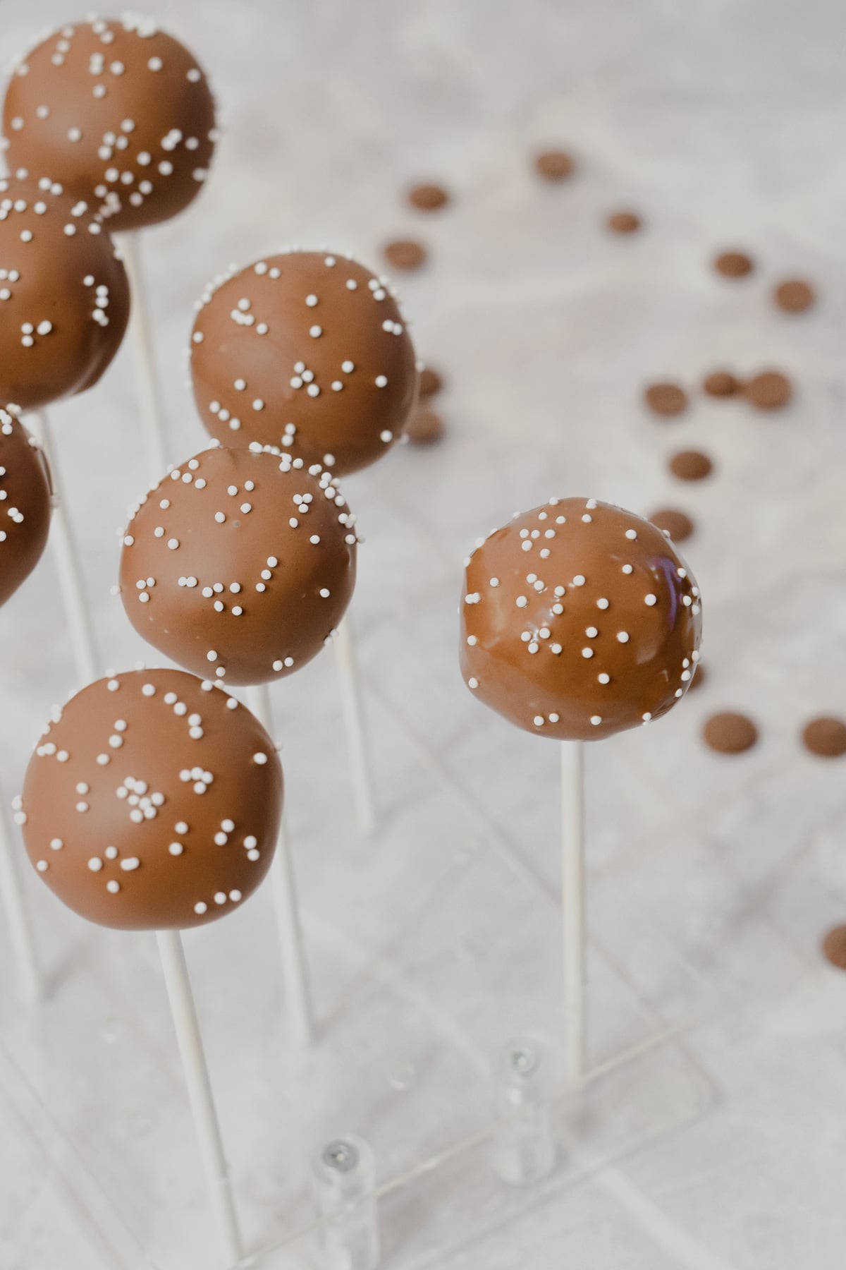 starbucks copycat chocolate coated chocolate cake pops with white sprinkles in stand