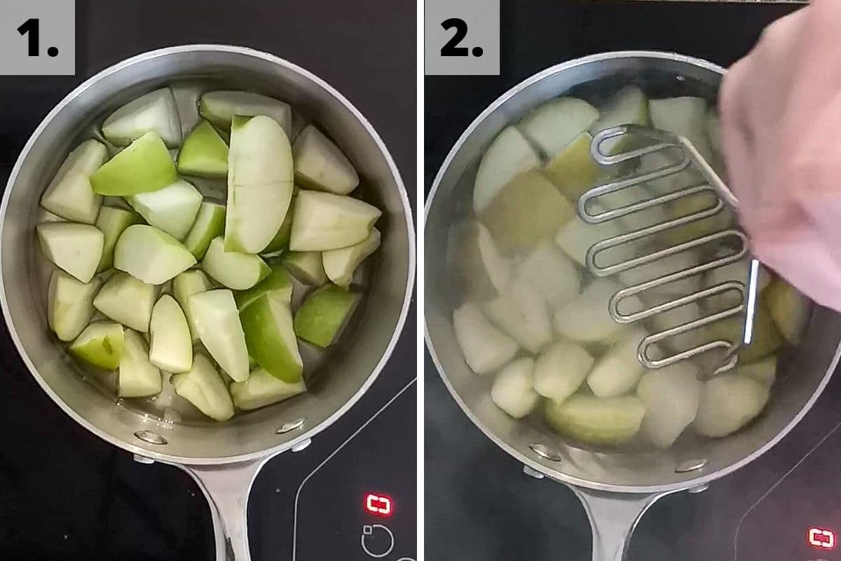 Apples in a pan and then heated and mashed