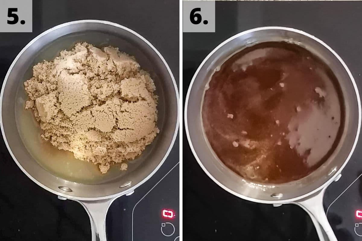 apple juice, lemon and sugar in a pan before and after melting