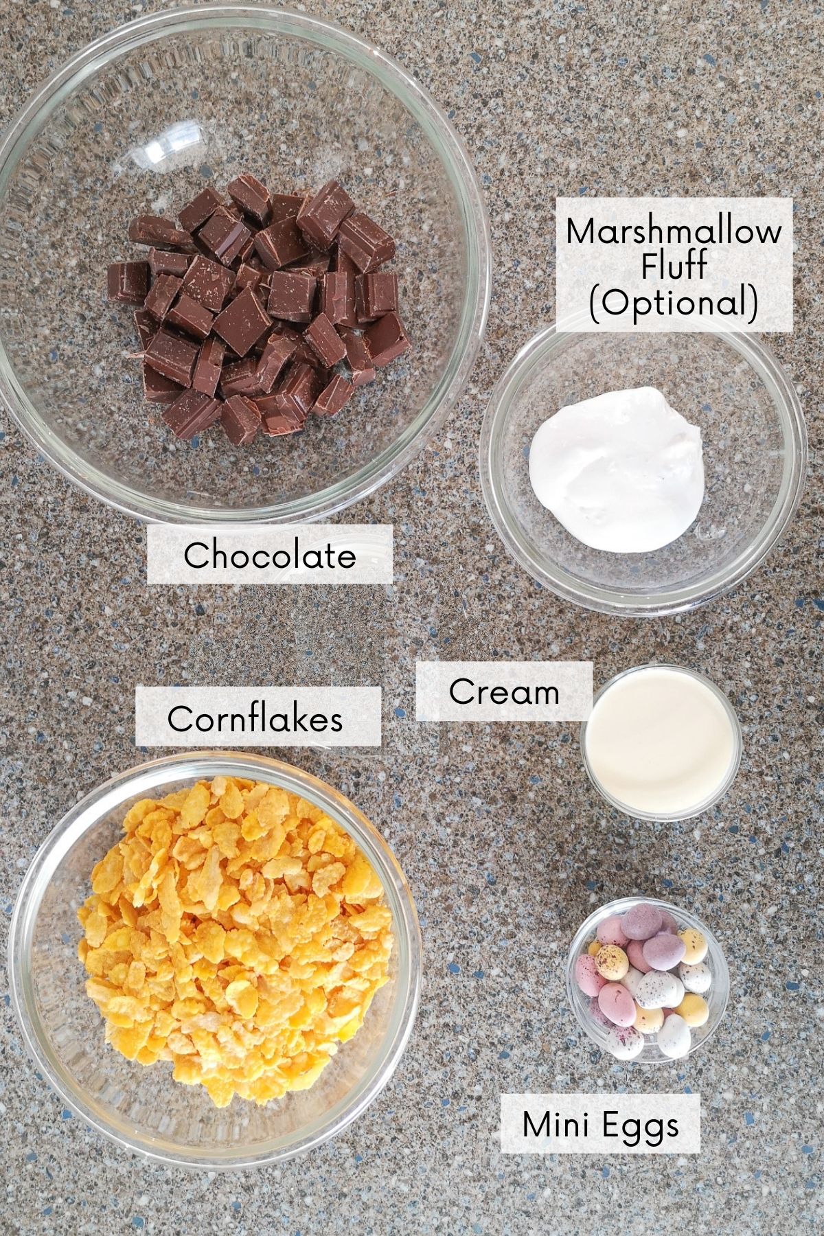 chocolate cornflake nest cakes recipe ingredients in bowls