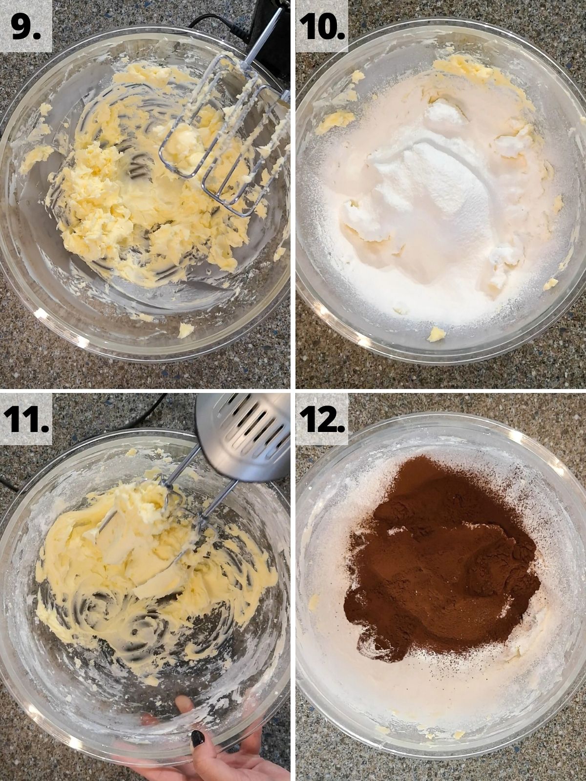 Chocolate cake recipe method steps 9-12 in a grid