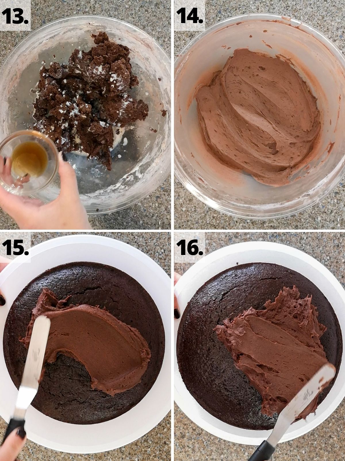Chocolate cake recipe method steps 13-16 in a grid