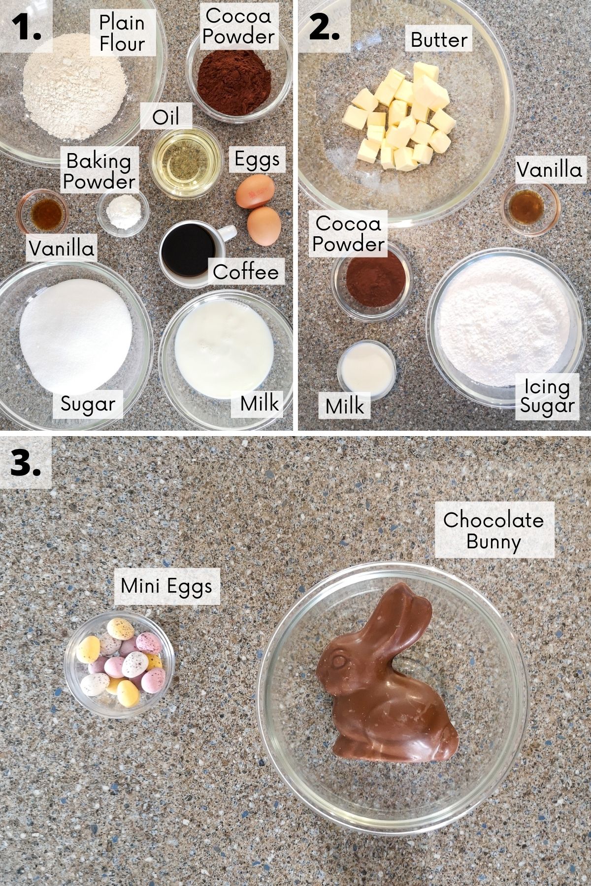 Easter bunny chocolate cake recipe ingredients with labels