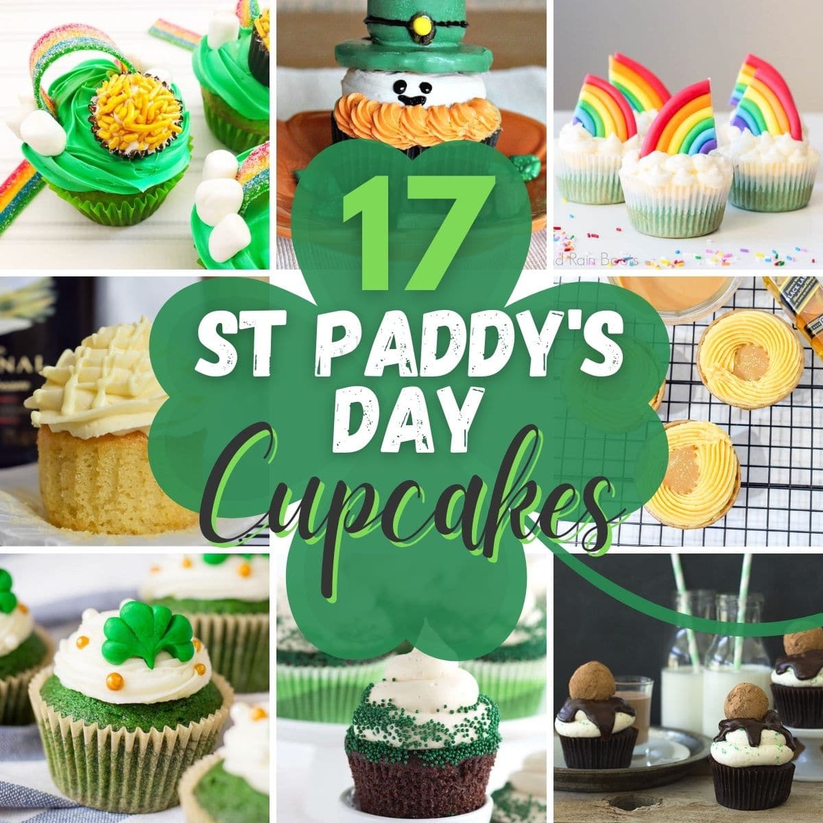 Collage of the 17 best st paddy's day cupcakes