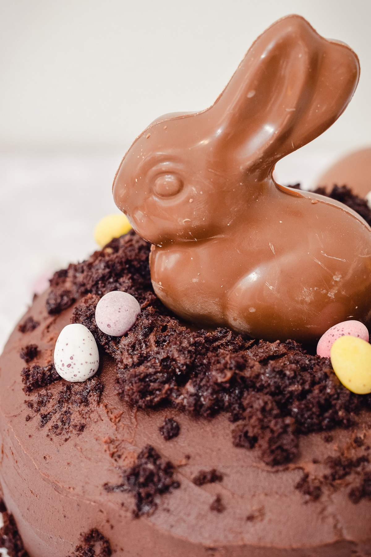Close up of Easter chocolate bunny rabbit in a chocolate mud cake with chocolate cake and frosting crumbs around it to look like soil and mini eggs decorating the top