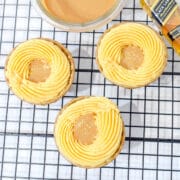 salted caramel whiskey cupcakes from above on wire rack