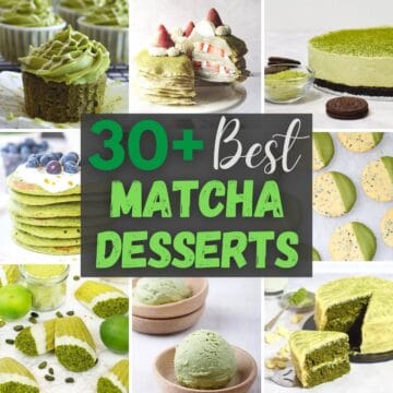best matcha dessert recipe ideas collage of cakes, ice cream, cookies, cheesecake, pancakes and cupcakes