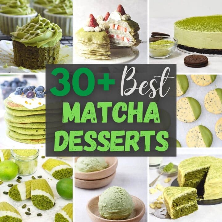 best matcha dessert recipe ideas collage of cakes, ice cream, cookies, cheesecake, pancakes and cupcakes