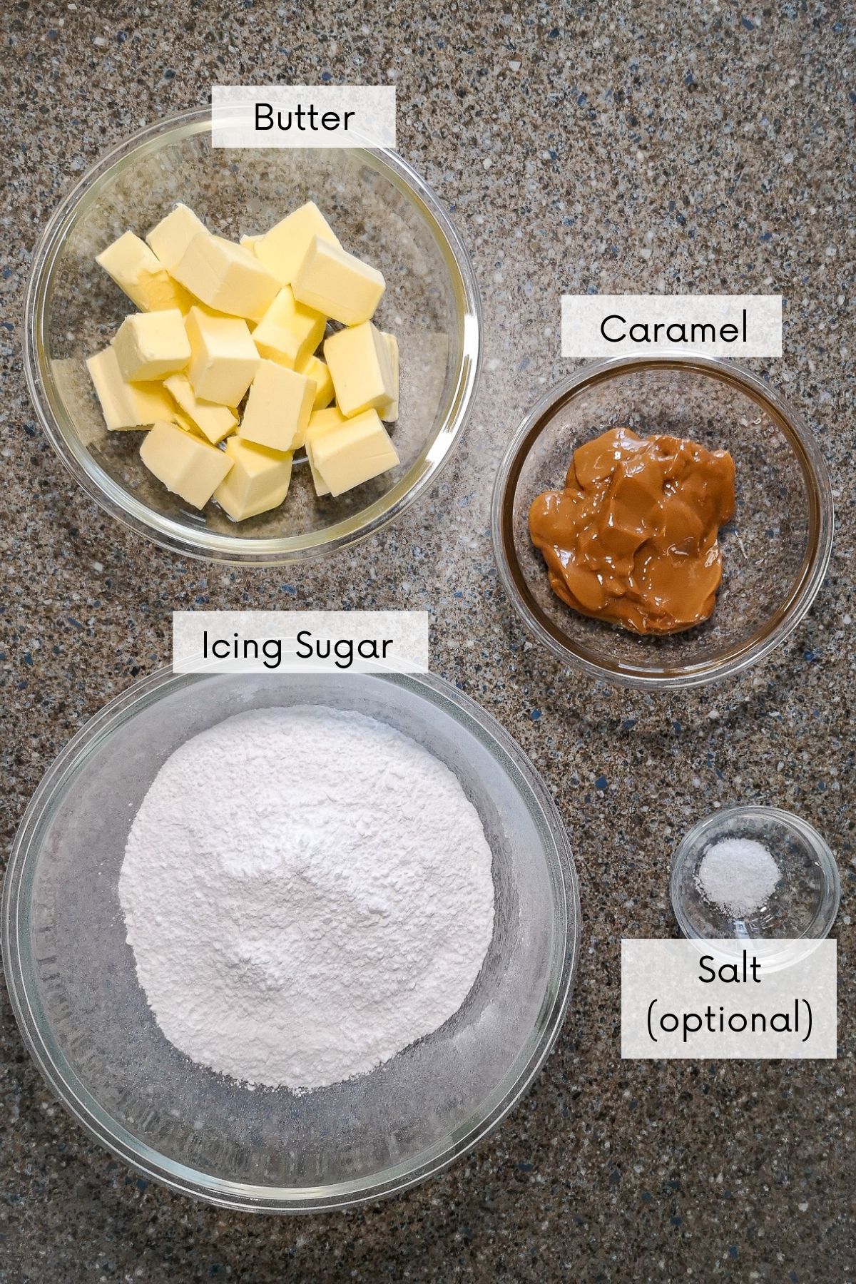caramel buttercream recipe ingredients in bowls with labels