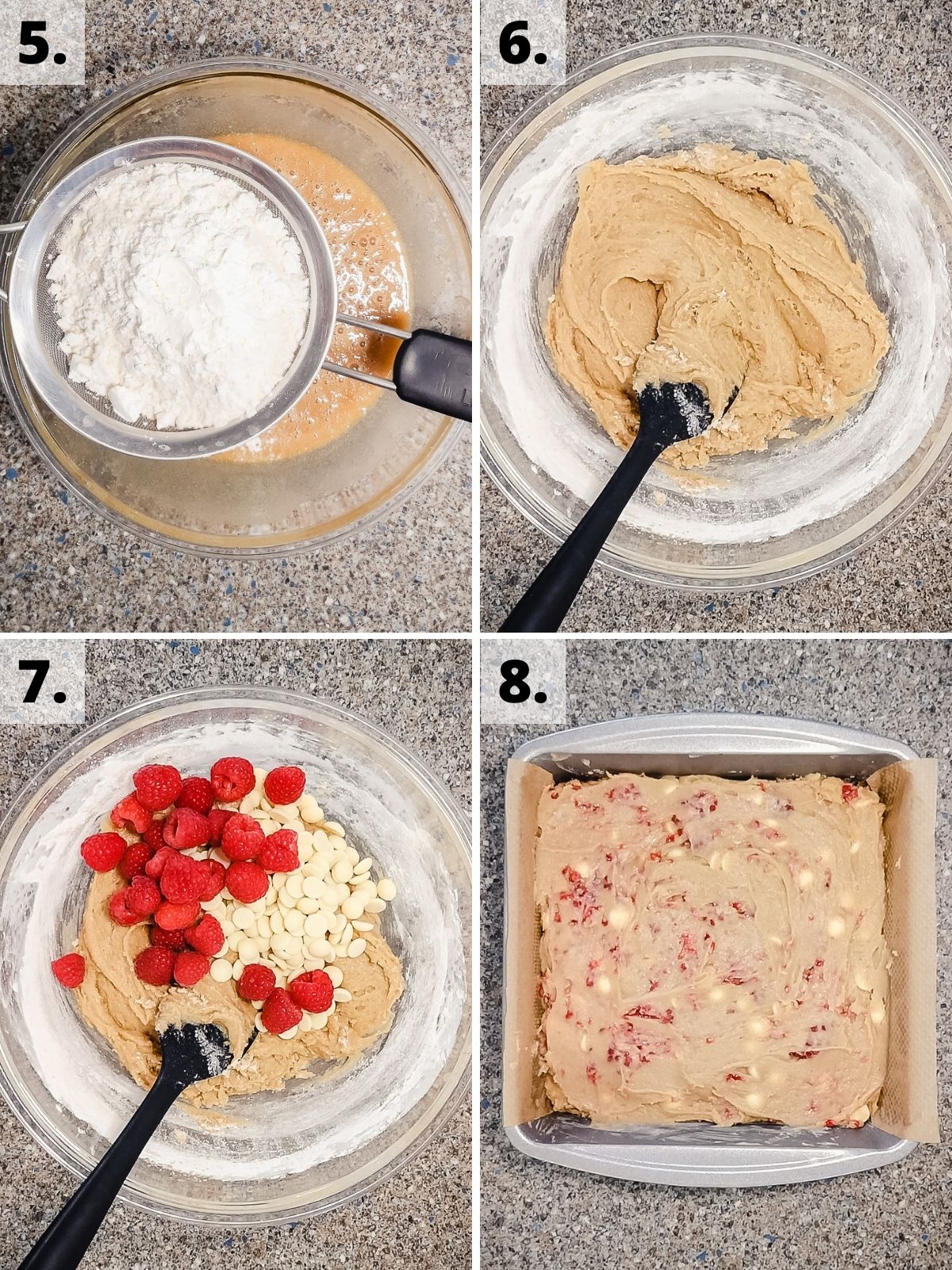 how to make white chocolate chip raspberry blondies steps 5 - 8
