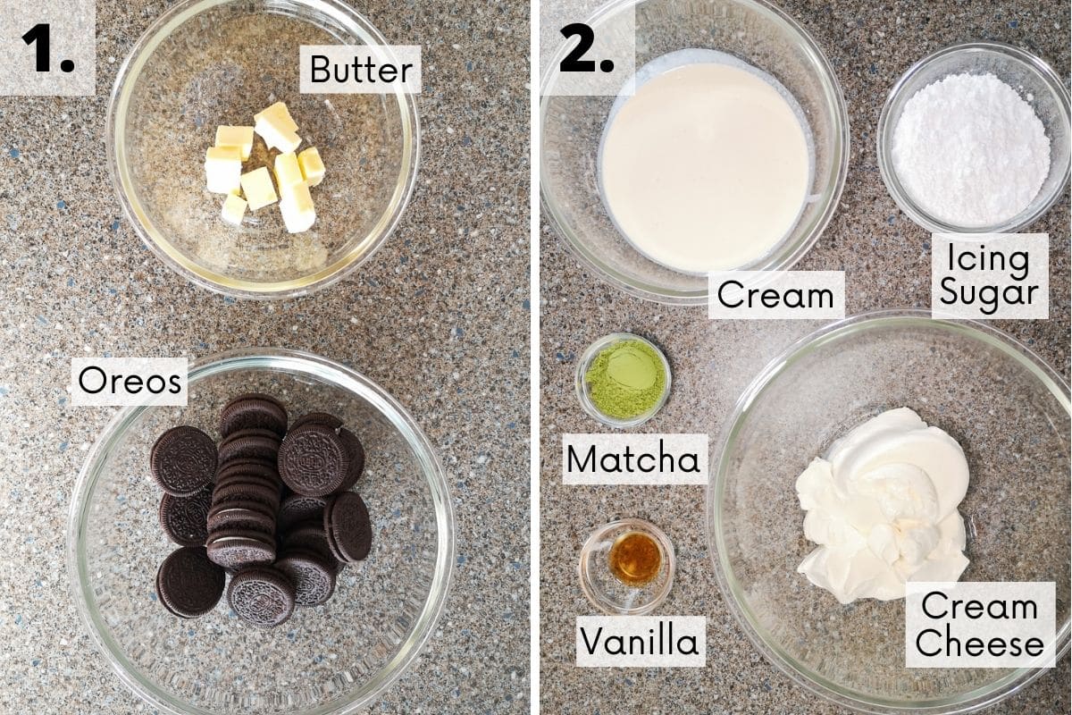 matcha no-bake cheesecake recipe ingredients in bowls