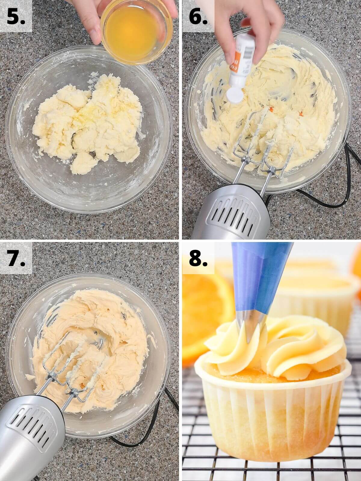 recipe steps 5 to 8 to make orange buttercream frosting