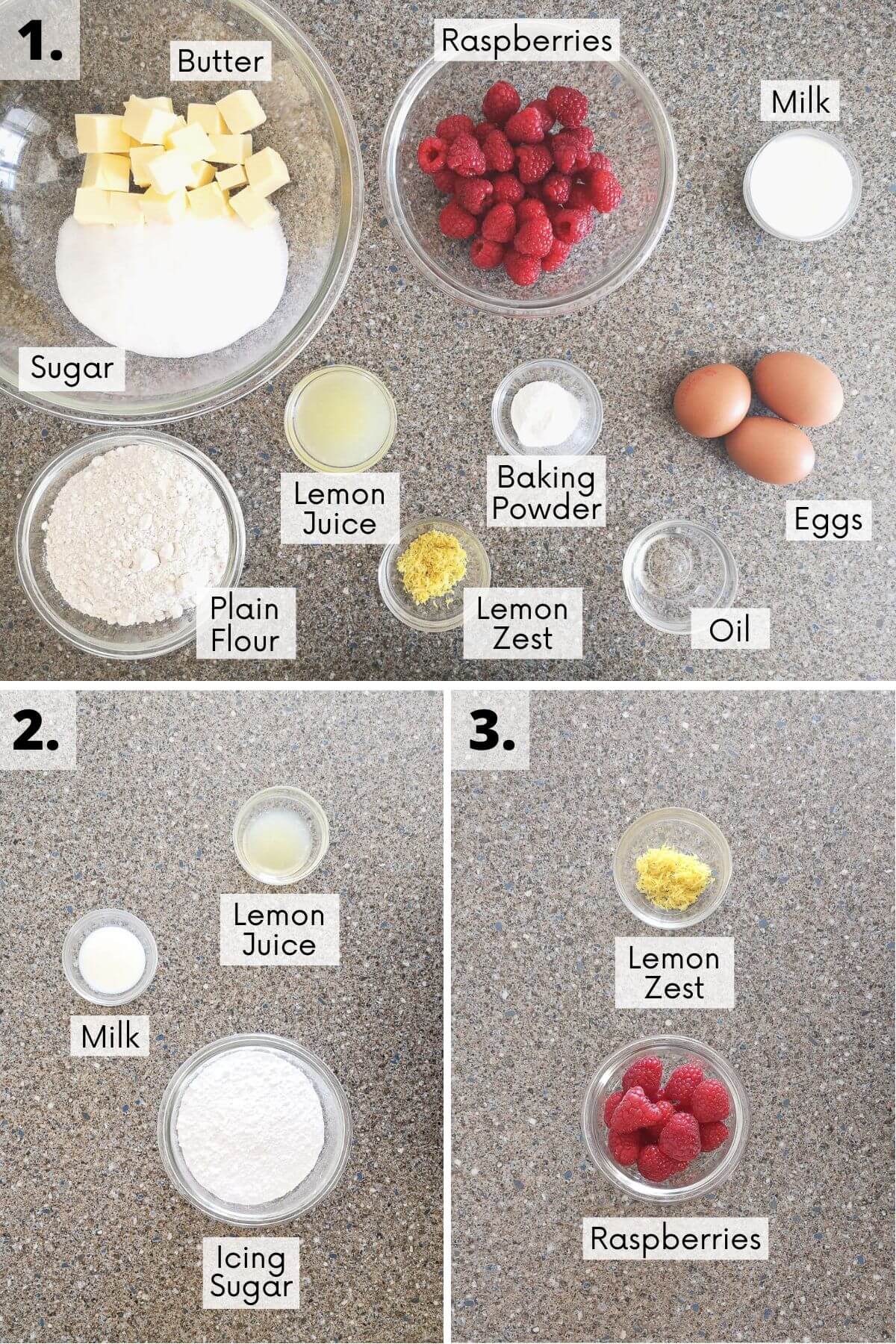 raspberry lemon loaf cake recipe ingredients with labels