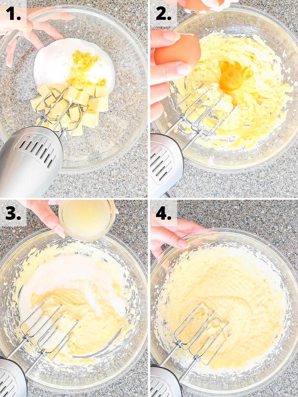 recipe steps 1 to 4 how to make raspberry lemon loaf cake