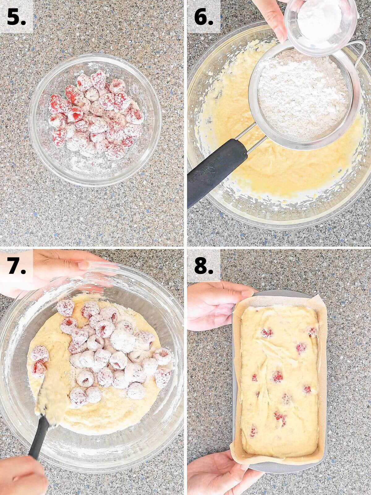 recipe steps 5 to 8 how to make raspberry lemon loaf cake