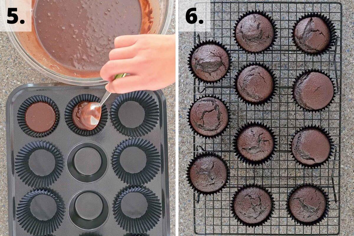 recipe method steps for how to make chocolate cupcakes steps 5 to 6.