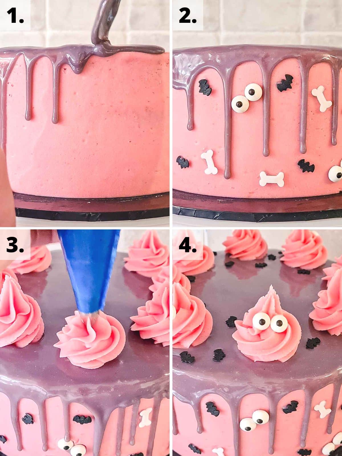 steps 1 to 4 for how to decorate a pink Halloween cake.