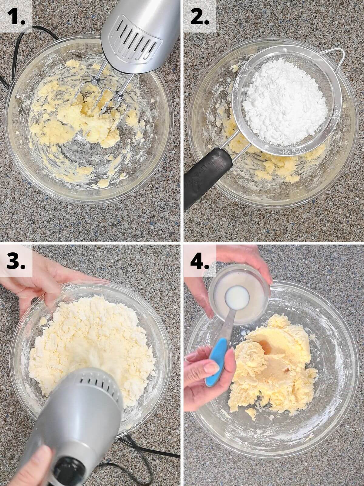 recipe method steps for how to make buttercream frosting steps 1 to 4.