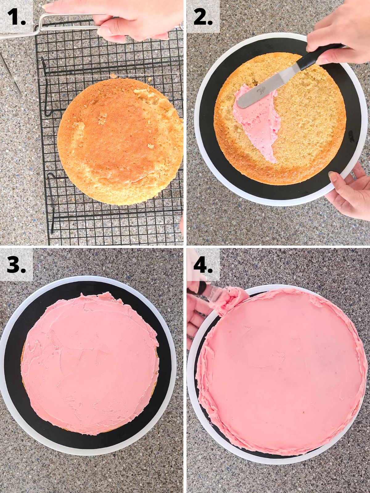 steps 1 to 4 for how to assemble a pink Halloween layer cake.