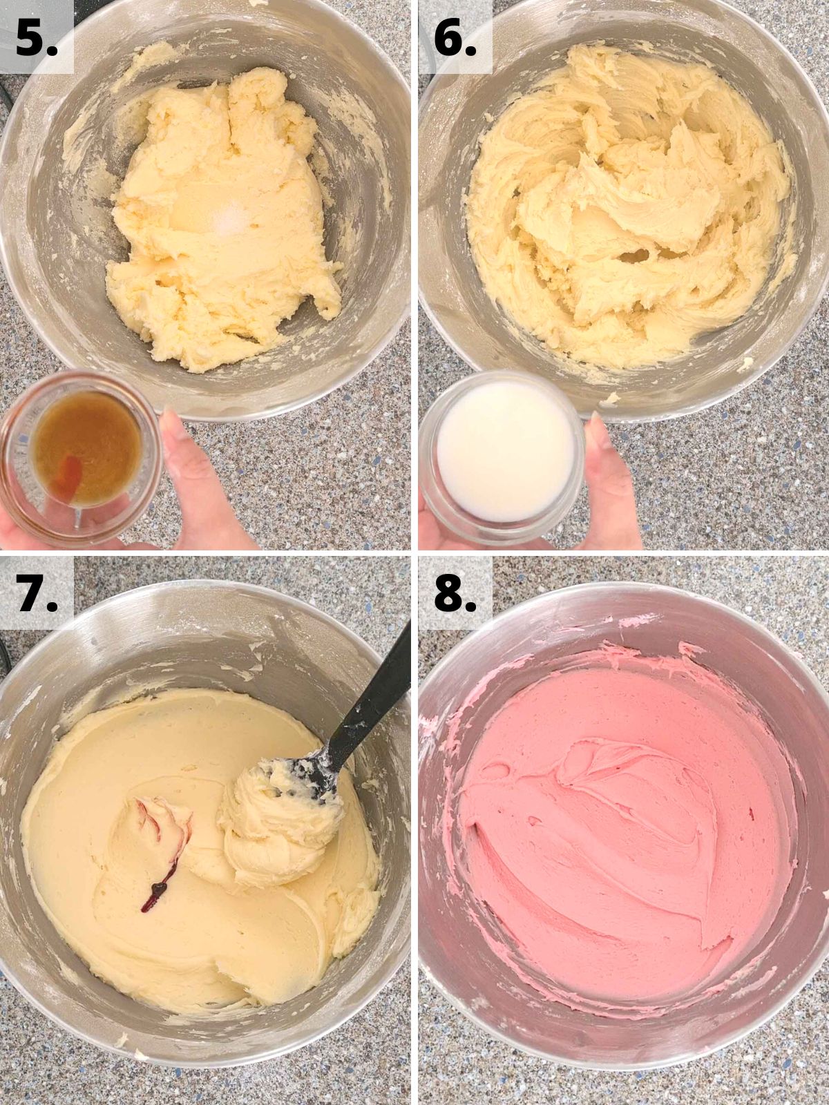 steps 5 to 8 for how to make pink buttercream.