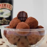 baileys irish cream chocolate truffle balls covered in cocoa powder showing chocolate middle
