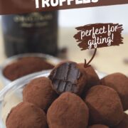 baileys irish cream chocolate truffles covered in cocoa powder in a bowl showing rich chocolate middle.