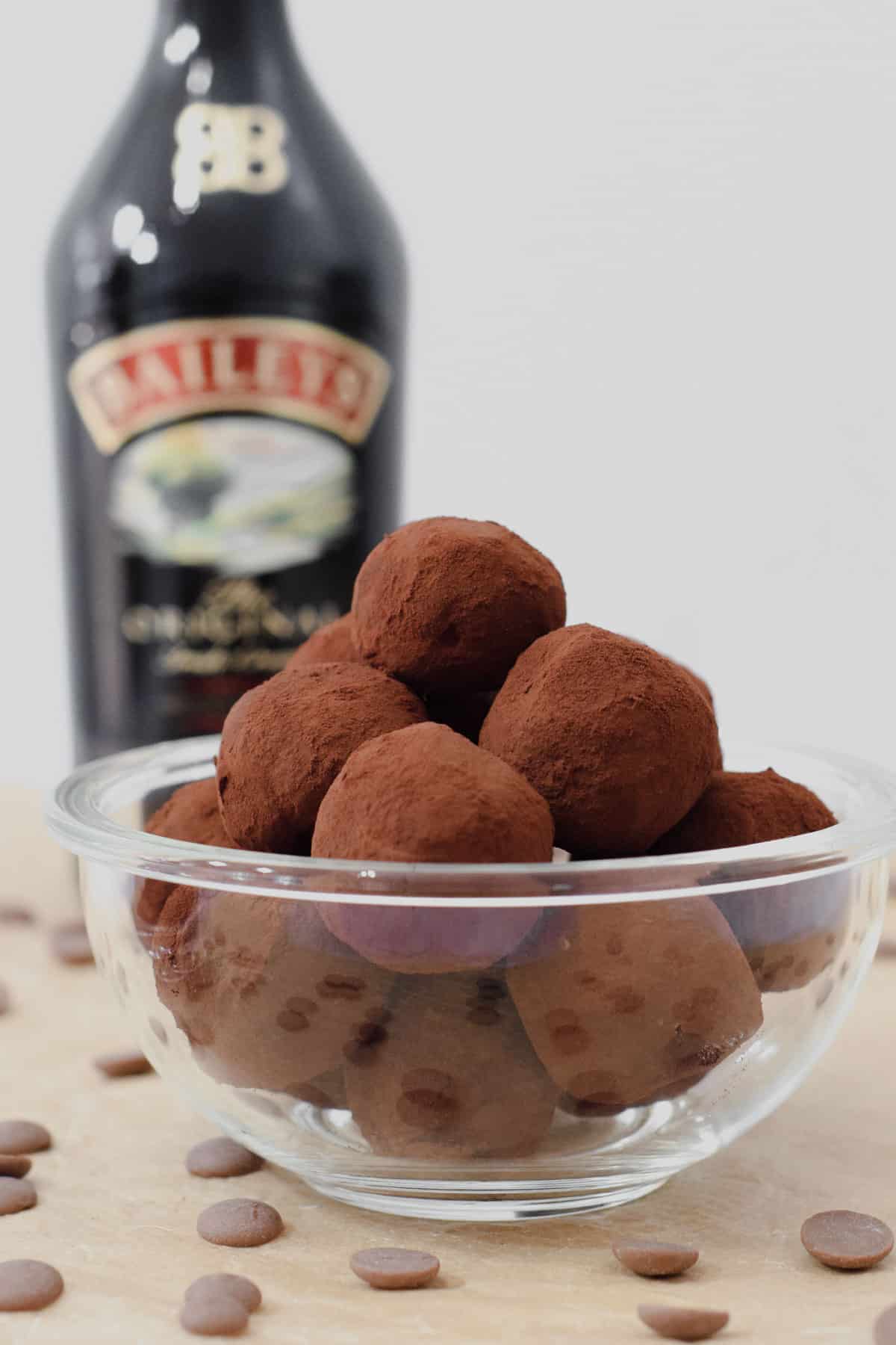 baileys irish cream chocolate truffle balls covered in cocoa powder in a bowl