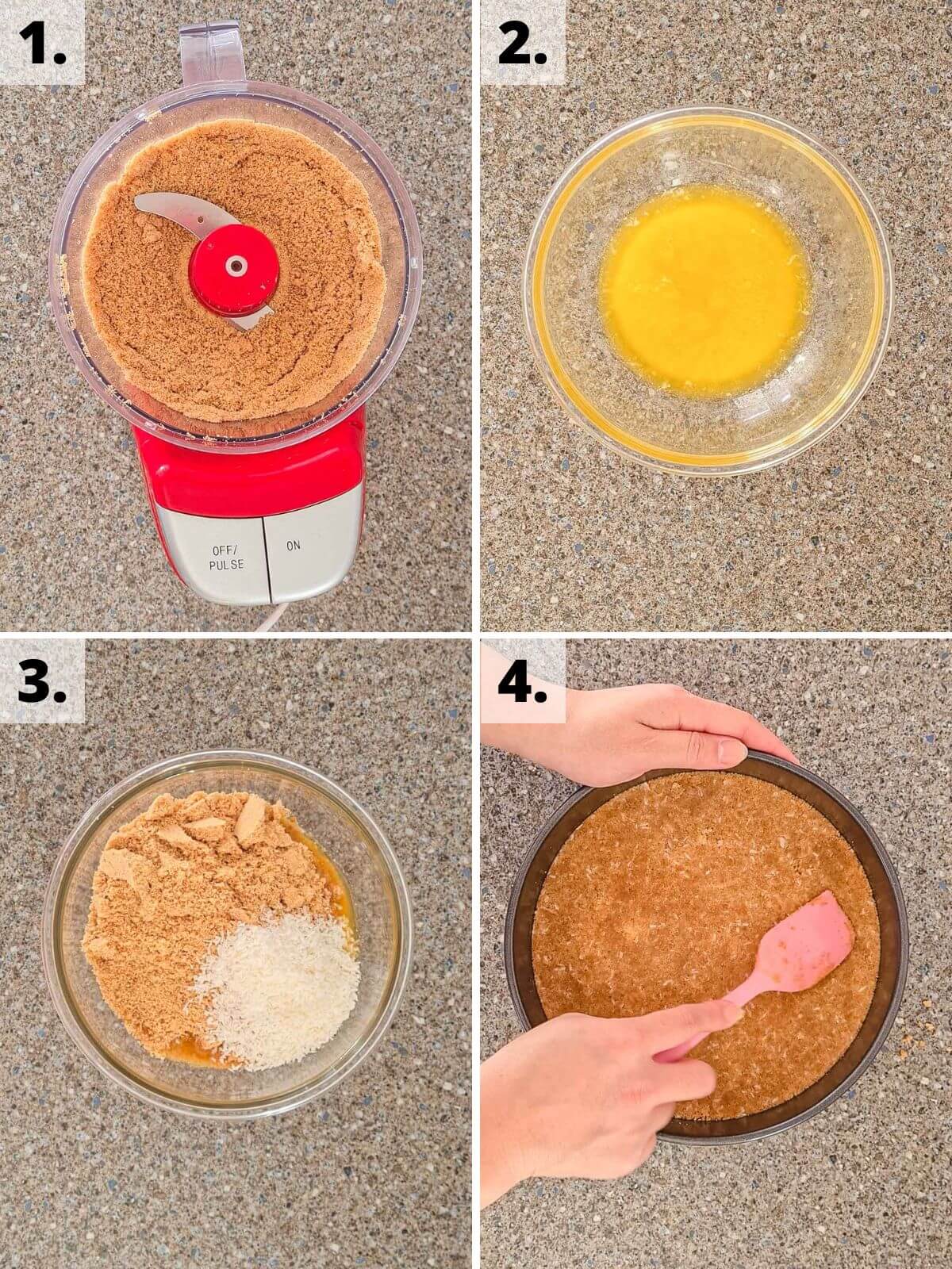 recipe steps for how to make a coconut cookie cheesecake base.